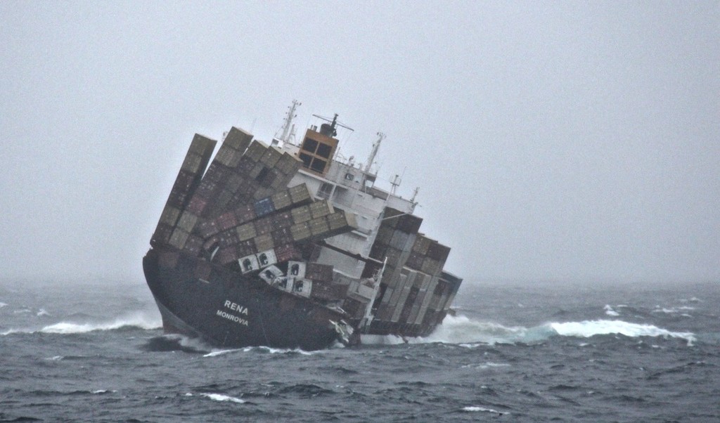 Rena stern shot showing near 20 degree list. 70 containers have fallen overboard.  © New Zealand Defence Force